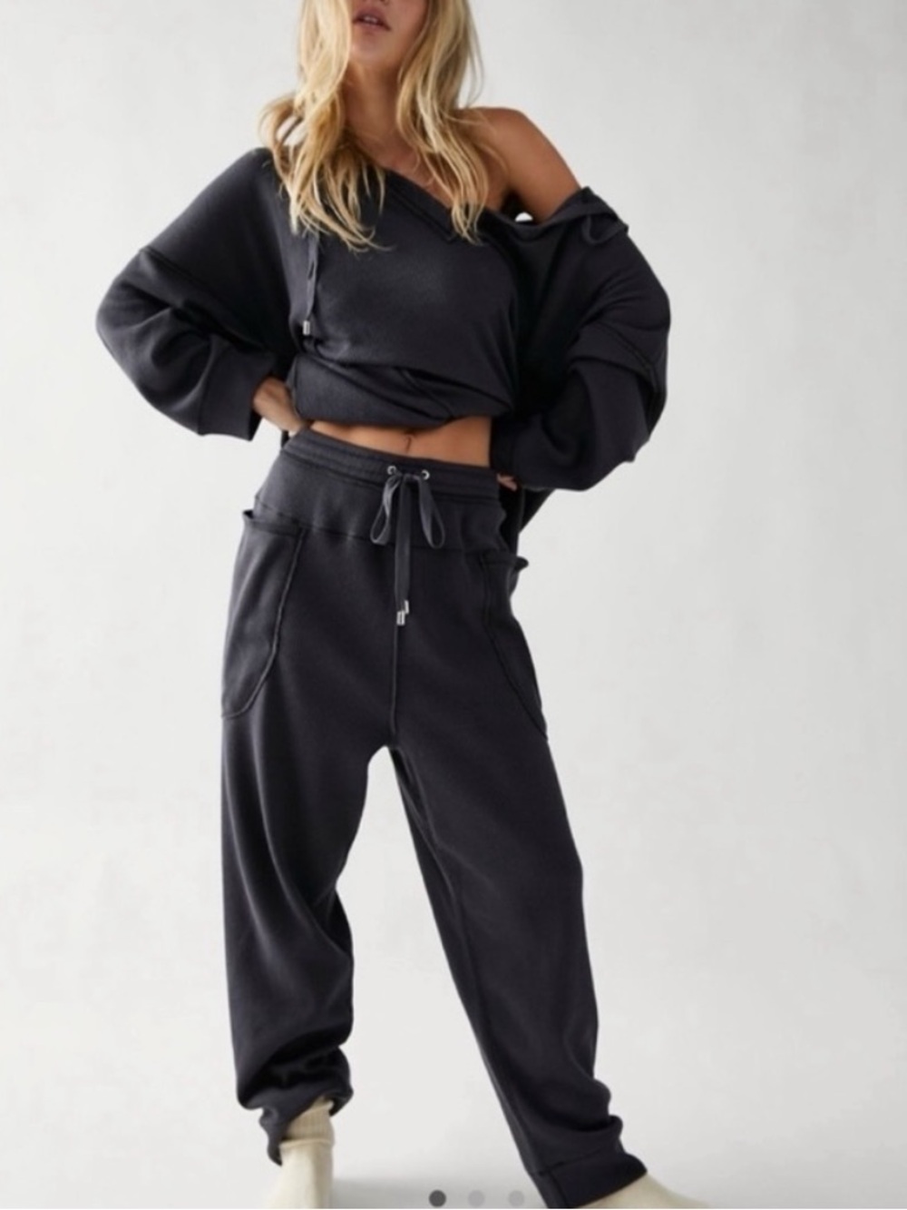 Free People Dark Grey Hooded Waffle Set